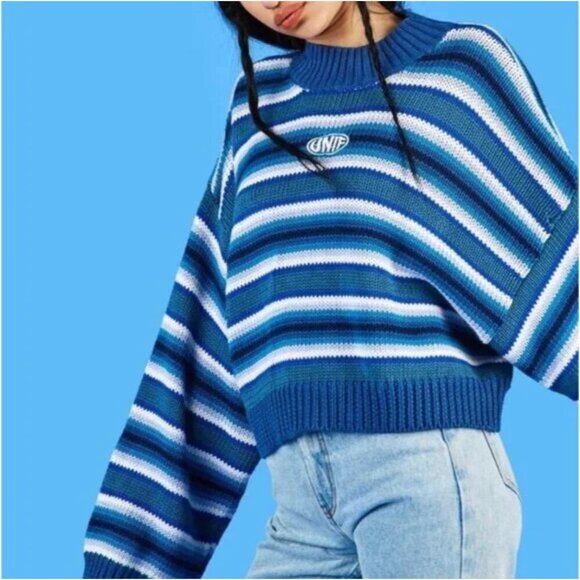 UNIF Clarissa Sweater Striped Pullover Long Sleeve Knit Blue White One Size * - Picture 6 of 11